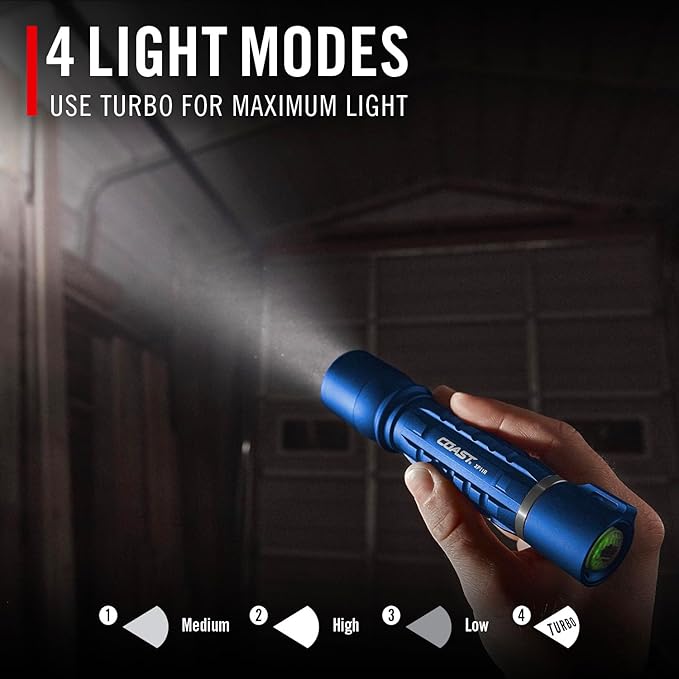 Coast XP11R 2600 Lumen USB-C Rechargeable LED Flashlight with Slide Focus® and Pure Beam® Focusing Optic, 4 Light Modes, Blue