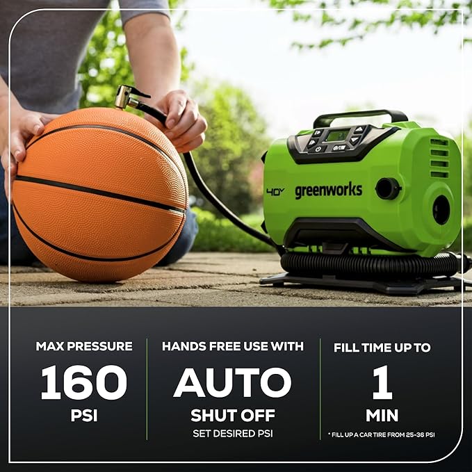 Greenworks 40V Cordless Tire Inflator, 160 PSI Portable Air Compressor, 2 Power Sources, Auto Shut Off, for Car, Bicycle, Motorcycle, Air Boat, Inflatables, Tool Only