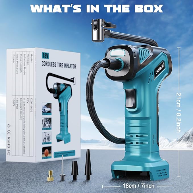 Tire Inflator Portable Air Compressor Compatible With Makita 18V Battery, LIVOWALNY 150PSI Air Pump, Cordless Tire Pump Digital Pressure Gauge, Tire Inflator for Car, Bike, Motorcycle (No Battery)