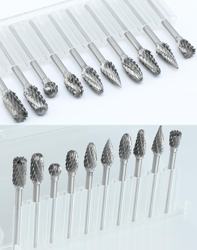 10 Pcs Carbide Burr Set 1/8" Shank Compatible with Dremel Bits Rotary Tools Attachment Kit Rasp Drill File Accessories Metal Wood Stone Steel Grinding Carving Cutting Polishing Engraving