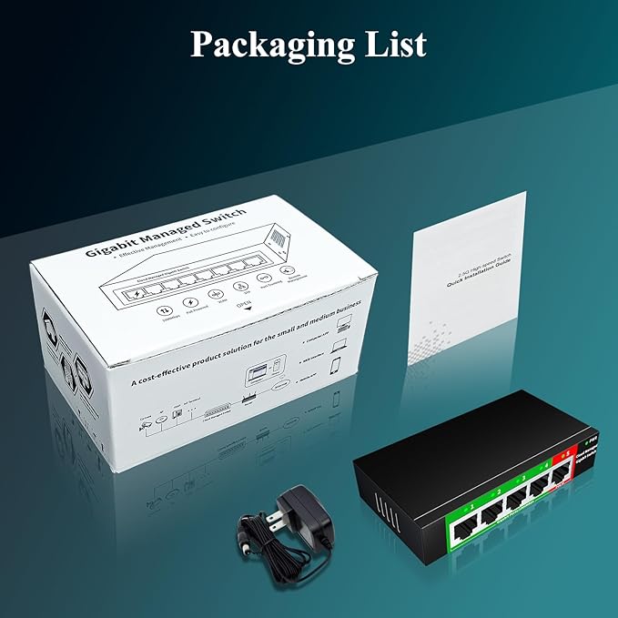 STEAMEMO 5-Port Gigabit Ethernet Switch | Smart Managed with VLAN/QoS | Plug & Play Desktop/Wall-Mount Network Hub w/ PoE in Design | Sturdy Metal & Energy-Efficient(Includes Power Adapter)