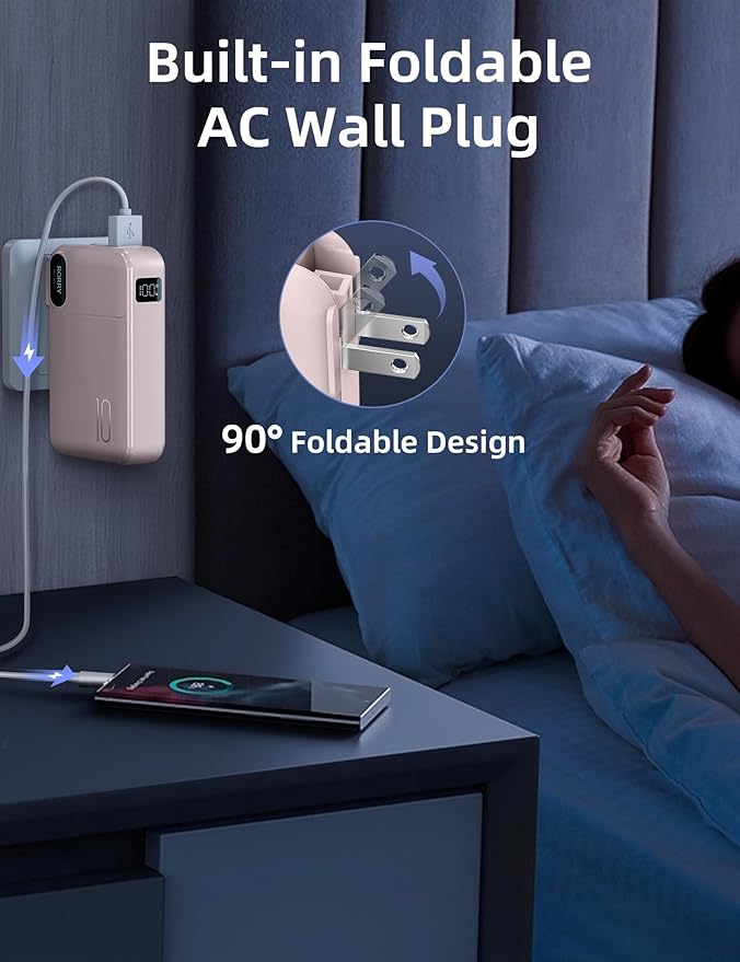 RORRY Portable Charger Built in Cables, AC Wall Plug in Portable Charger Power Bank 10000mAh Travel Battery Pack 22.5W Fast Charging for iPhone 16/15/14 Samsung Galaxy S24/S23/S22 Pixel LG iPad, Pink