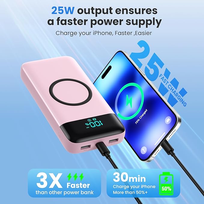 Wireless Portable Charger 40800mAh with 3 Built-in Cables,7-in-1 15W Wireless Charging Power Bank,25W PD QC 4.0 Fast Charging USB C LCD Display Battery Pack for iPhone 16/15/13,Samsung,Android-Pink