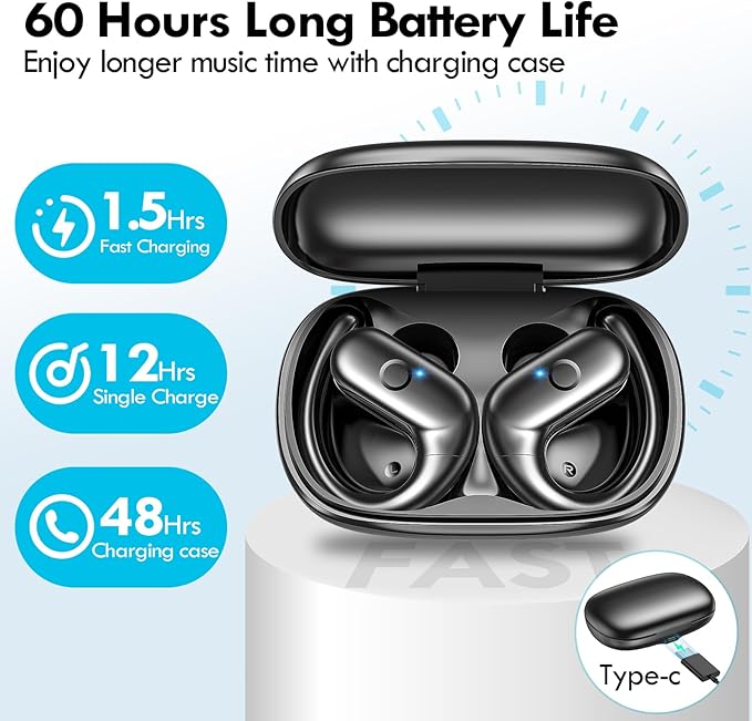 kurdene Wireless Earbuds Bluetooth Headphones Sport,Over Ear Buds with Deep Bass Sound,60Hrs Playtime Earphones Redesigned Comfort Fit with Earhooks for Running,Meeting,Workout-Black