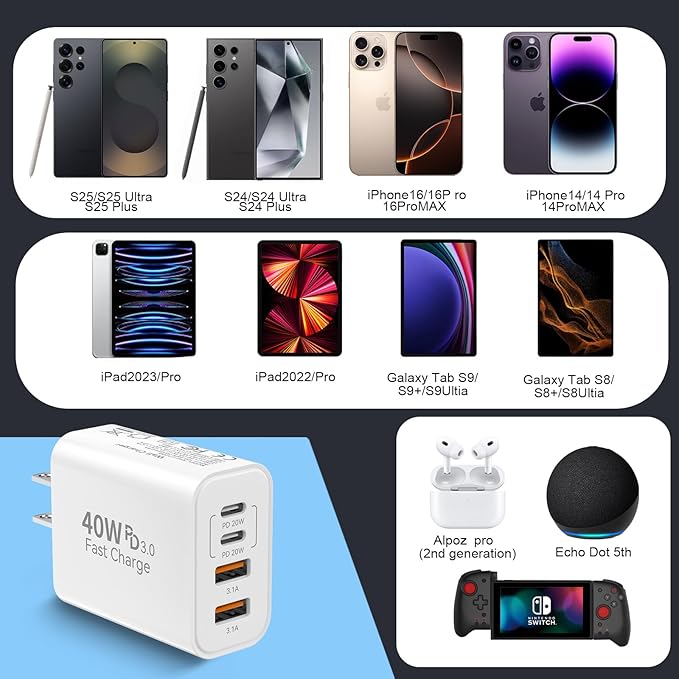 USB C Charging Block, 40W Type C Wall Charger Block 4-Port PD 3.0 & QC Multiport iPhone 16 15 Fast Charger Cube Wall Plug Brick for iPhone 16/15/14/13/12/Pro Max,iPad Pro/Air,Samsung Galaxy S25/S24