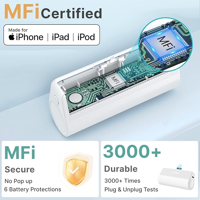 KKD Portable Charger for iPhone, Built-in MFi Certified Plug, 5000mAh Small Portable Phone Charger Power Bank for iPhone 14/13/12/11/XR/X/SE/8/7/6/6s/Pro Max/Plus,iPad,White