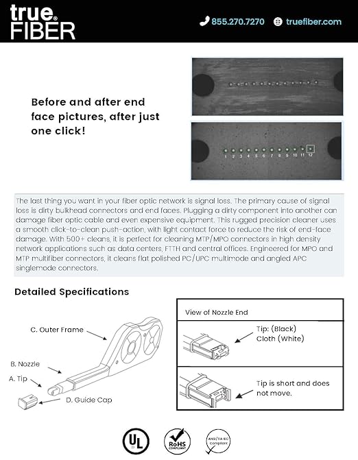 TRUE CABLE Fiber Optic Pen Click Cleaner, Dual Position, MTP/MPO, 500+ Cleans, PC/UPC/APC Connector Ferrules, 8/12/24 Fiber Pinned/Unpinned (Male/Female), 5 Pack