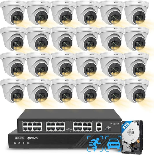 4COVR 32 Channel Security Camera System PoE 2-Way Talk & Dual Lights Smart Full Color Night Vision, AI Human Vehicle Detection, UHD NVR 8TB HDD, 24X 5MP Business Dome IP Camera IP67, LY97KA5M3224
