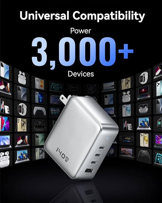 140W USB C Charger, 4 Ports GaN Charger Block Charging Station, Foldable and Compact Fast Wall Charging Power Adapter for MacBook Pro/Air, Dell XPS, iPad Pro, iPhone Series, Galaxy S24, and More