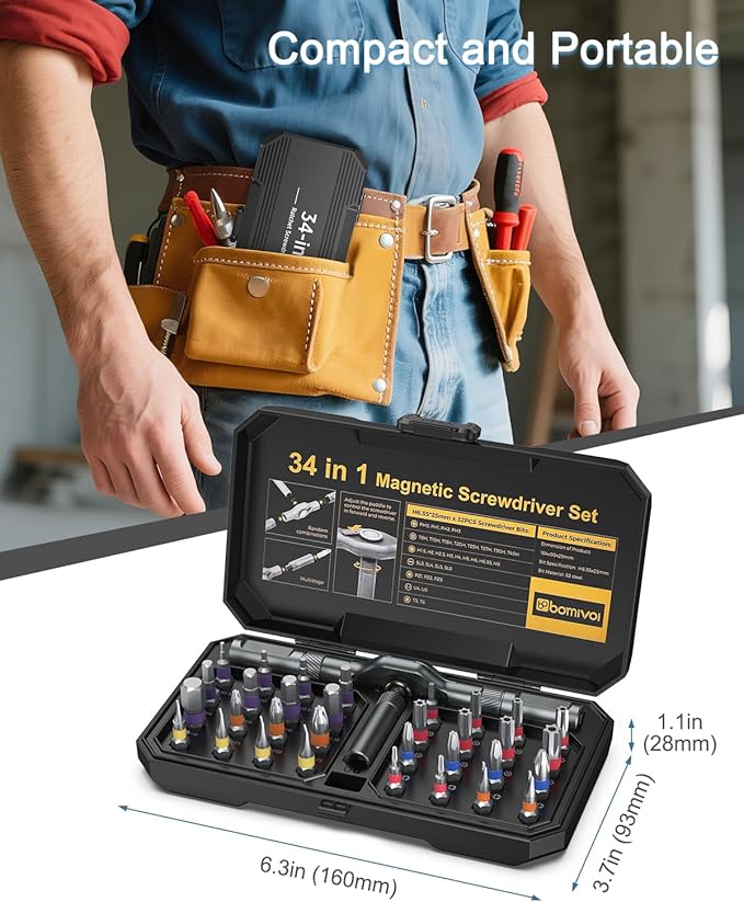 2025 New 34 in 1 Magnetic Screwdriver Set, DIY Ratchet Screwdriver Set with 32 PCS Bits, T Handle, Storage Case, Portable Repair Tool Kit for Men Furniture, Electronics, Computer, Bicycle