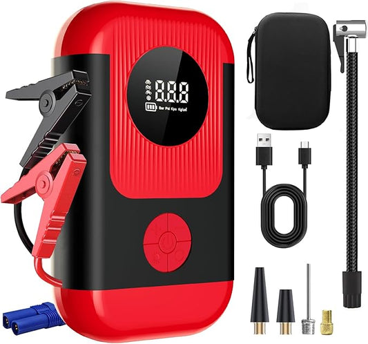 Tire Inflator Portable Air Compressor & Car Jump Starter, Cordless Air Pump with LED Light & Pressure Gauge for Auto,Motorcycles,Bikes,Balls, Emergency Battery Booster & Phone Charger,150PSI