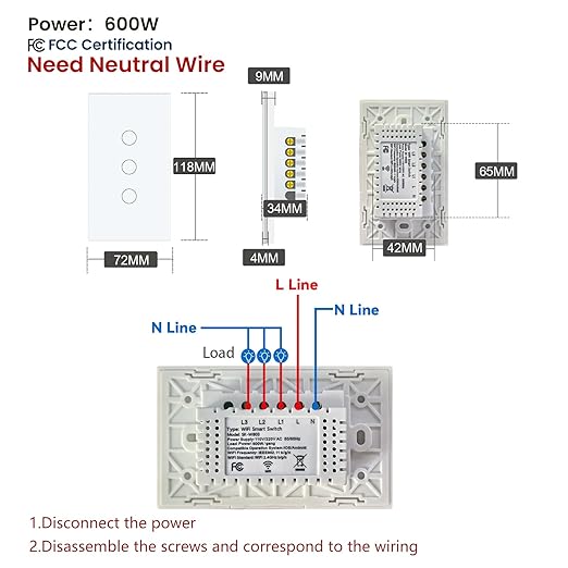 Smart Light Switch 3 Way Need Neutral Wire,FCC Certified,2.4GHz WiFi Switch Glass Panel APP Control Timer Work with Tuya/Smart Life,Alexa and Google Home,White 3 Gang