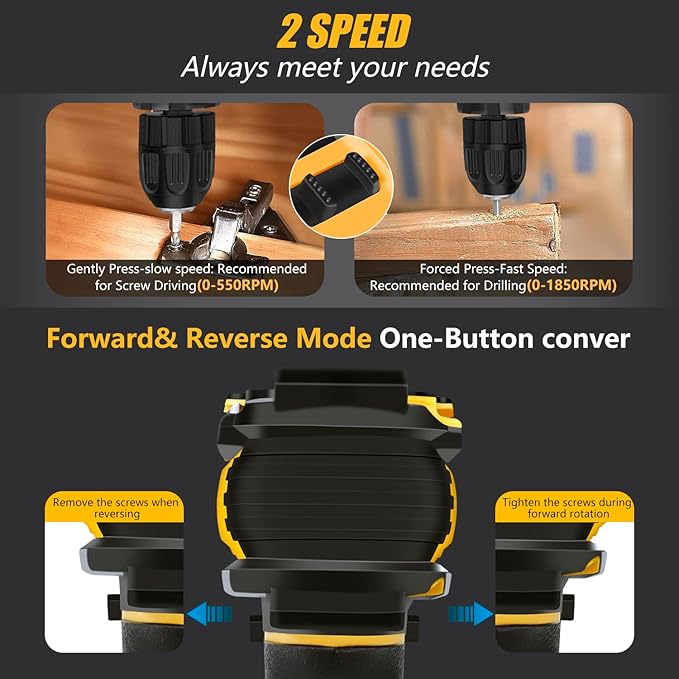 Cordless Drill Set 21V, Electric Screwdriver with 2 Batteries 2000mAh, 25+3 Torque Cordless Hammer Drill, 2-Speed, 42N.m Max, LED Work Light