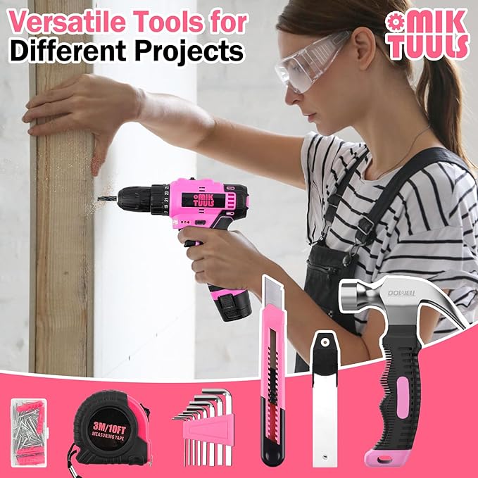 152PCS Home Tool Kit with 12V Cordless Drill, Pink