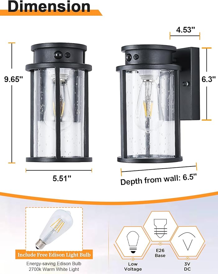 Solar Outdoor Wall Light Motion Sensor Outside Wall Lamp Dusk to Dawn Exterior Light Fixtures Wall Mount Outside Coach Light with Seeded Glass Porch Light IP65 for House Patio