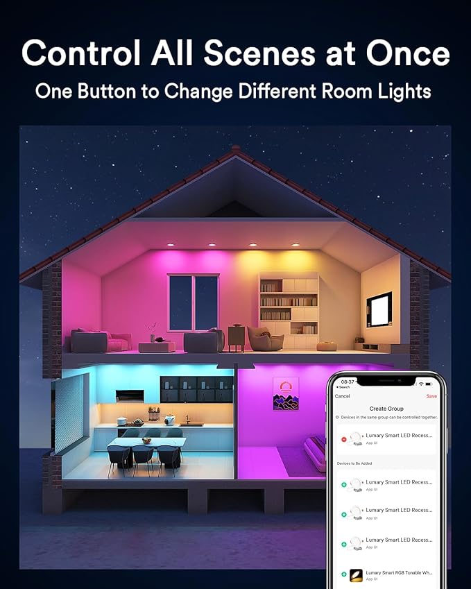 Lumary 6 Inch Smart WiFi Recessed Lighting, RGBWW Canless LED Wafer Downlight, 13W 1000Lm Color Changing, Ultra-Thin w/Anti-Glare Baffle, Compatible with Alexa/Google/Remote-Included, 1PC