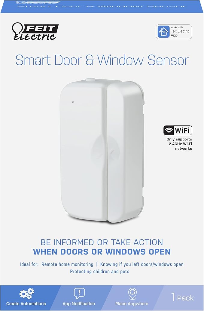 Feit Electric Smart WiFi Door and Window Sensor, Battery Powered, 2.4GHz No Hub Required, Remote Home Monitoring, Not Compatible with Other Security Systems, MOT/Door/WiFi/BAT (Pack of 4)
