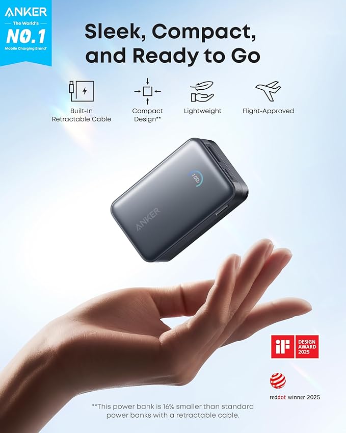 Anker Nano Power Bank, 10,000mAh Portable Charger with 2.3 ft InstaCord Retractable Cable, 45W Max Compact Battery Pack, Smart Display, for iPhone 16 Series, iPad, Galaxy, Pixel, and More