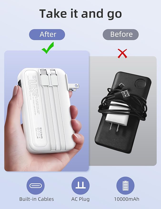 RORRY Portable Charger Built in Cables, AC Wall Plug In Portable Charger Power Bank 10000mAh Travel Battery Pack 22.5W Fast Charging for iPhone 16/15/14 Samsung Galaxy S24/S23/S22 Pixel LG iPad, White