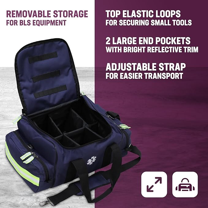 Kemp USA Maxi Trauma Bag - Large First Aid Kit for EMT First Responders - Water Resistant 600D Nylon - Buckle Closure with Adjustable Strap & Reflective Trim - Navy Blue