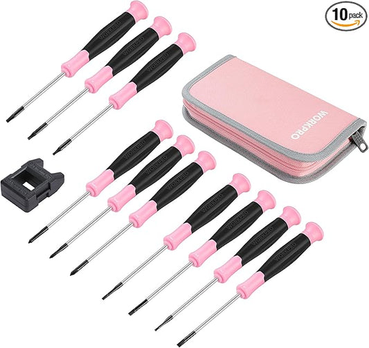 WORKPRO 10-Piece Precision Screwdriver Set with Pink Pouch, Phillips, Slotted, Torx Star, Magnetic Tip Small Screwdriver Repair Kit, for Eyeglass, Watch, Computer, Laptop and Phone - Pink Ribbon