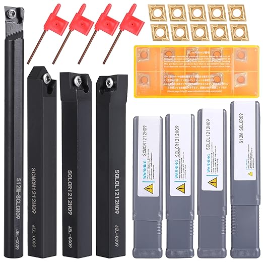 1/2" 12mm Shank Indexable Lathe Turning Tool,14Pcs Lathe Tool Kits with 10PCS CCMT09T304 Carbide Inserts and 4Pcs Turning Tool Holders S12M-SCLCR09/SCMCN1212H09/SCLCL1212H09/SCLCR1212H09