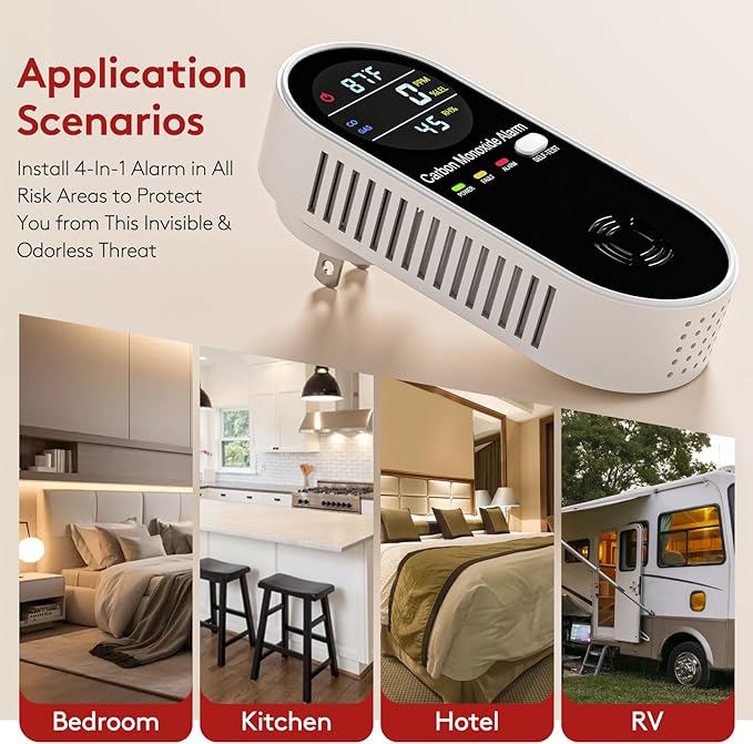 4 in 1 Plug in Natural Gas Leak & Carbon Monoxide Detector withTemperature & Humidity for Home, Kitchen, RV (2 Packs)