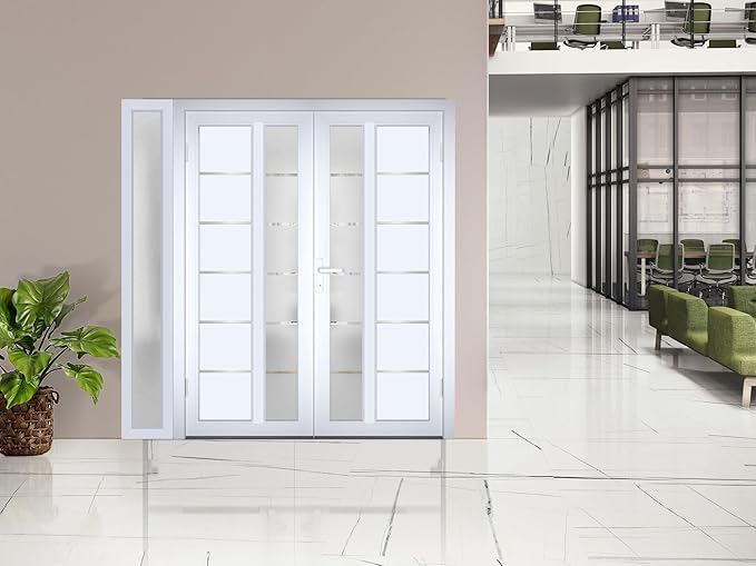 VDOMDOORS Front Exterior Prehung Metal-Plastic Double Doors/MANUX 8088 White Silk/Sidelite Exterior Window/Residential Doors Entrance Patio Garage 88 x 80