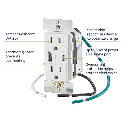 Leviton T5634-G 60W (20V@2.5A+ 5V@2A) USB Dual Type A/Type-C Power Delivery in-Wall Charger with 15A Tamper-Resistant Outlet, USB Charger for Smartphones, Tablets, Laptops, Gray