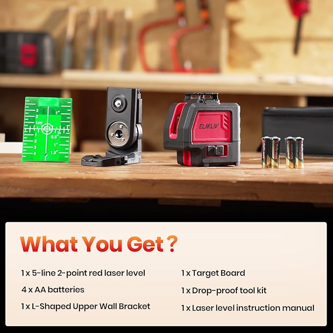 Elikliv 2 Plumb Dots 5 Lines Laser Level - 200Ft Green Laser Level Lines Tool, 360° Horizontal Green Line & 120° Vertical Laser Line, Laser Level 360 Self Leveling for DIY (Red)