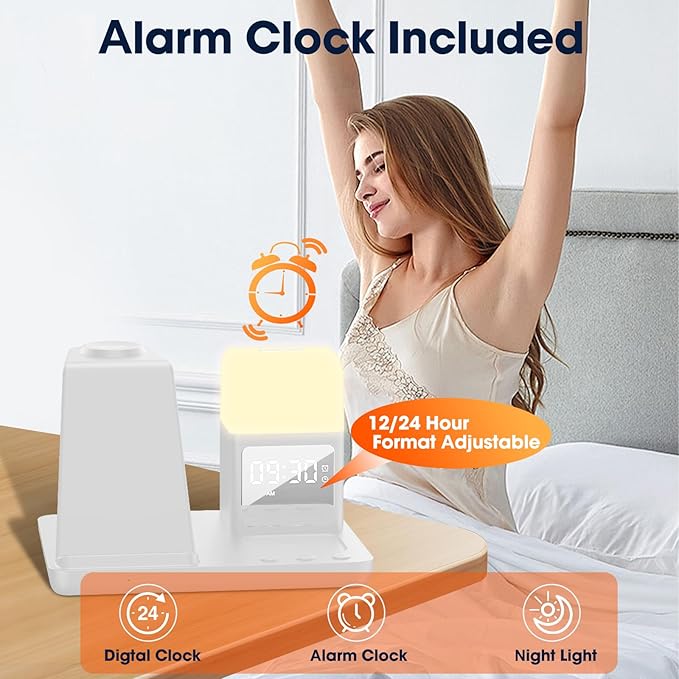 Wireless Charger for Samsung/Android, 6 in 1 Phone Nightstand Charging Station Charger with Alarm Clock/Night Light for Samsung S25/S24/S23 Ultra/Buds3 Pro,Watch Charger for Galaxy Watch 8/7/6/5-White
