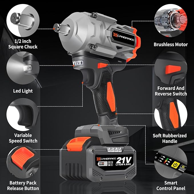 1400N.m Cordless Impact Wrench, 1/2' 21V Heavy Duty Brushless Impact Gun with 2 x 4.0Ah Battery & 5 Sockets, 3 Speeds Adjustment, 1050ft-lbs Electric Pistola Llave de Impacto for Car Truck Tires Mover