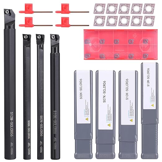 14 Pcs Indexable Lathe Turning Tool Set,4 Pcs Lathe Turning Tool Holder S07K/S08K/S10K/S12M-SCLCR06 and 10Pcs CCM21.51/CCMT060204 Carbide Inserts