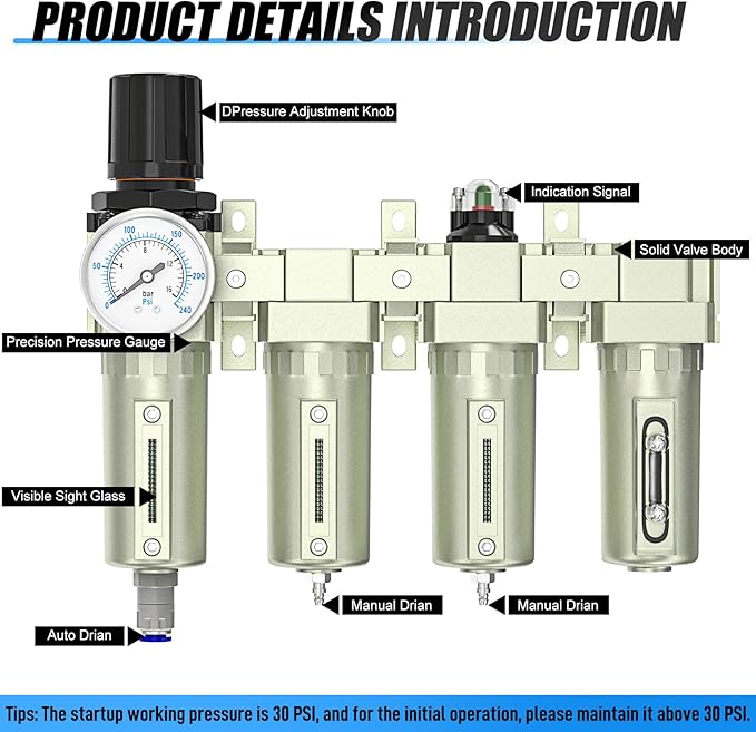 1/2" NPT Heavy Duty Industrial Grade 4 Stage Air Drying System,Auto Drain,Coalescing Filter,Double Particulate Filter,Desiccant Dryer and Air Regulator For Plasma Cutter and Paint Spray