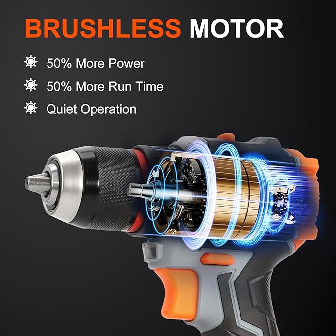 COMOWARE 20V Cordless Drill, Brushless Power Drill Set with 1.5Ah Li-ion Battery & Fast Charger, 23+1 Clutch 1/2" Keyless Chuck Max 38 N.m, Dual Speed Electric Drill Driver Accessories