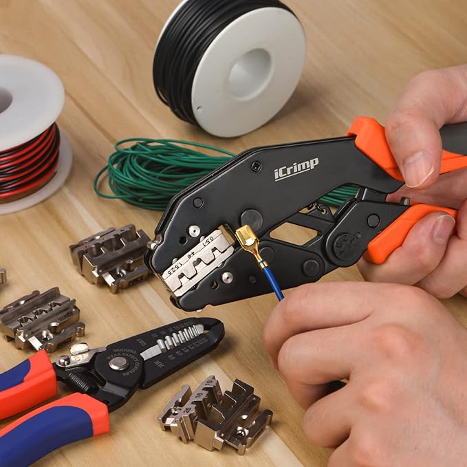 iCrimp Rachet Crimping Tool Set with Wire Stripper, Quick Change Jaws for Open Barrel Terminals, Insulated& Non-insulated Terminals, Solar Terminals, End Sleeves Ferrules- 8PCS included