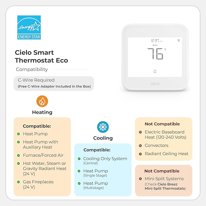 Cielo Smart Thermostat Eco | Energy Star Certified Thermostat | Supports Conventional Systems up to (2H/2C) & Heat Pumps (4H/2C) | Free C-Wire Adapter in Box | NOT for Mini Split Systems | (White)