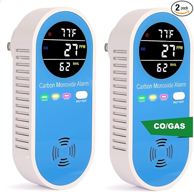 Plug-in Carbon Monoxide Detector with Real-Time CO Display & Temperature/Humidity Monitor, Plug-in CO Alarm for Home, RV, Apartment, Indoor Air Safety 2-Pack