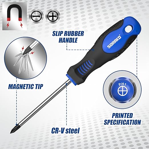 SORAKO 11-Piece Magnetic Screwdriver Set, 5 Phillips and 5 Slotted Tips, Include Magnetizer, Screwdriver with Professional Non-Slip Grip, for Home Repair and DIY Projects,With Case