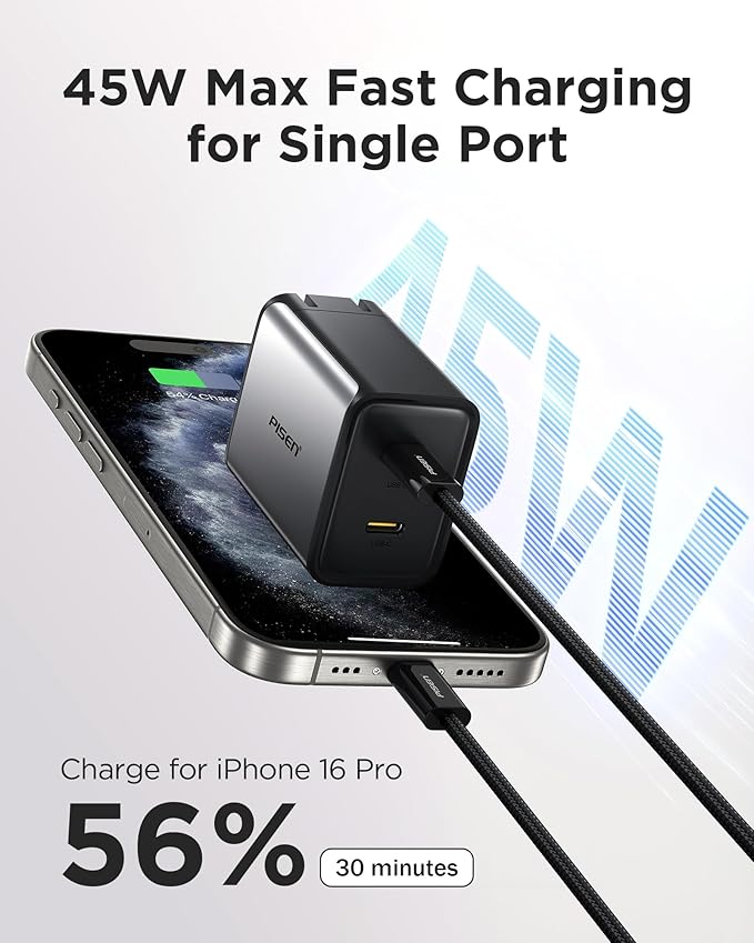 PISEN 45W USB C Charger - GaN Dual USB-C Wall Charger Block Fast Charging, Mini Foldable PD PPS for iPhone16/15/14 Pro, Pro Max, Mini, iPad Pro Series, Samsung Galaxy S23 Ultra, MacBook Etc