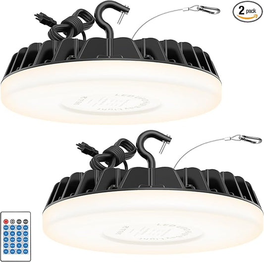 DEMILAR Smart Shop Lights 200W Micware Motion Sensor 24000LM UFO LED High Bay Light with Multi-Function Remote, 10%-100% Dimmable IP65 Waterproof 5000k Garage Lighting 2Pack (Old Remote)