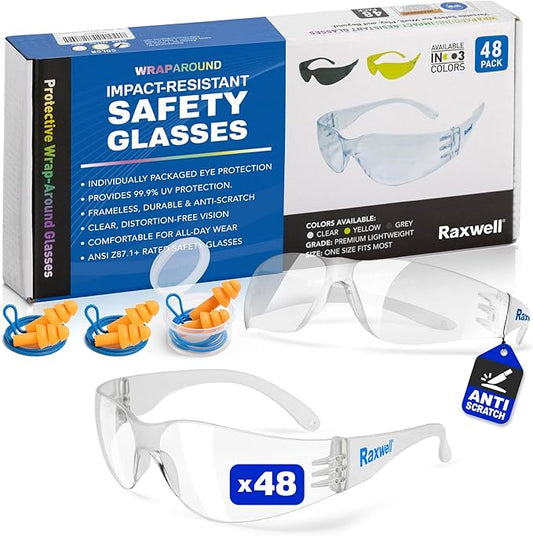Raxwell Clear Safety Glasses, ANSI Z87.1, Wraparound, Anti-Scratch, Impact-Resistant, Eye Protection for Work & DIY