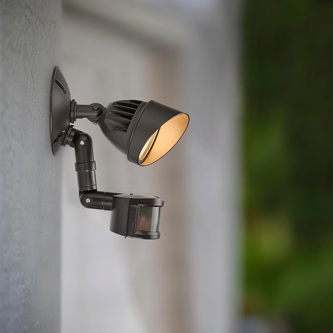 Maxxima LED Outdoor Flood Wall Light, Exterior Security Light with Adjustable Head, 800 Lumens, Featuring Motion Sensor and Dusk to Dawn Sensor, 3000K Warm White, Brown Fixture