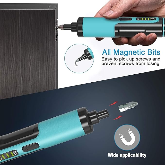 Electric Screwdriver Kiprim 4V Rechargeable Adjustable Torque Cordless Screwdriver Gun with 33 Magnetic Bits Set (2 Drill Bits included),Dual Flashlights,Carrying Box,Type C Cable
