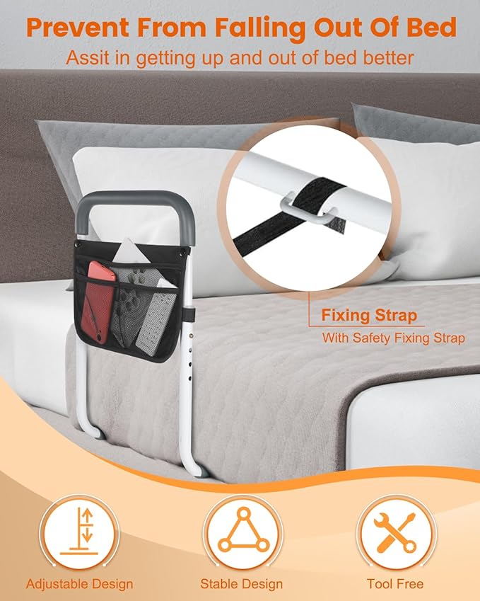 Bed Rails for Elderly Adults Safety - Adjustable Bed Assist Rail for Seniors - Stable Bed Side Rails Handle Support Bar Beds Guard Rail with Storage Bag & Fixing Strap, Fit King Queen Full Twin