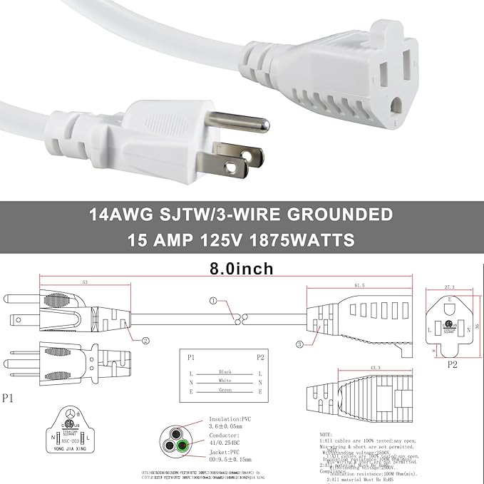 KUNCAN Short Power Extension Cord - 15A 6 Inch 3 Prong Outlet Saver, 1875W 14AWG/3C SJTW Heavy Duty Power Cord Extension Cable (NEMA 5-15P to NEMA 5-15R) Indoor/Outdoor Use, White 4-Pack