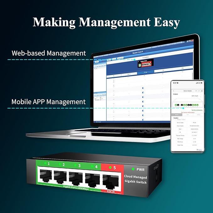 STEAMEMO 5-Port Gigabit Ethernet Switch | Smart Managed with VLAN/QoS | Plug & Play Desktop/Wall-Mount Network Hub w/ PoE in Design | Sturdy Metal & Energy-Efficient(Includes Power Adapter)