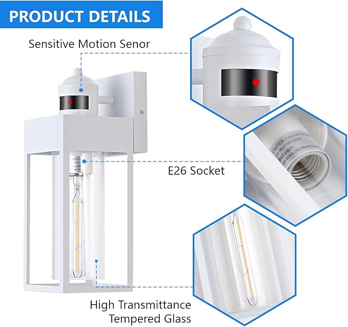 2-Pack Motion Sensor Outdoor Lights, Upgrade Dusk to Dawn Exterior Lighting Fixtures, Modern Porch Lights with Cylinder Lampshade, LED Wall Sconce for Garage Patio Garden House