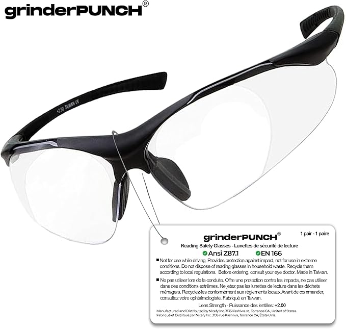 grinderPUNCH Full Lens Magnification Safety Glasses with Black Frame | Clear Lens | | Magnifying Reading Eyewear