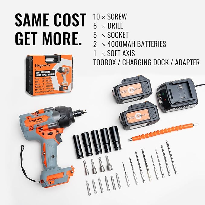 900N.m Brushless Cordless Impact Wrench, 1/2" Electric Impact Gun, 4-Function Power Impact Driver With 25pcs Tool Accessories, 2pcs 4.0Ah Batteries, LED Lights, Variable Speed, For Housework, Repair